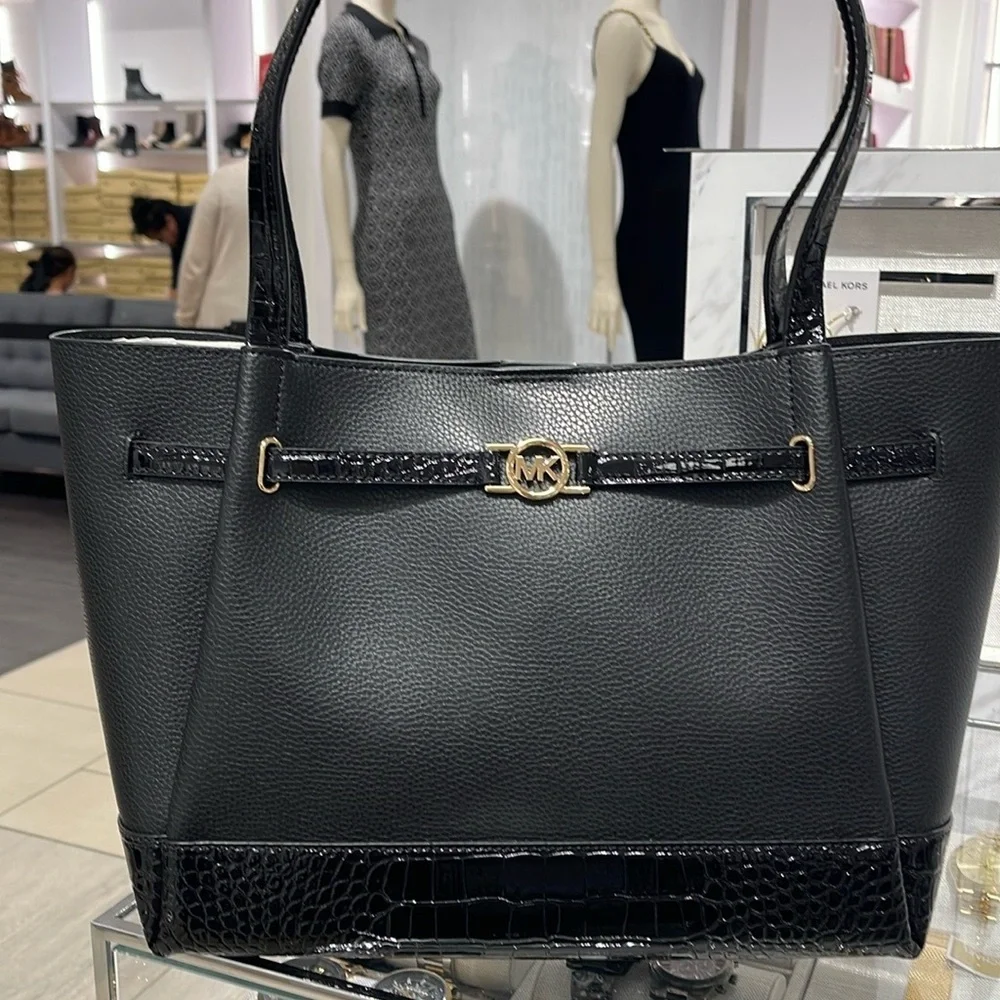 MICHAEL KORS Reed Large Leather Belted Satchel Shoulder Handbag Black Crocodile